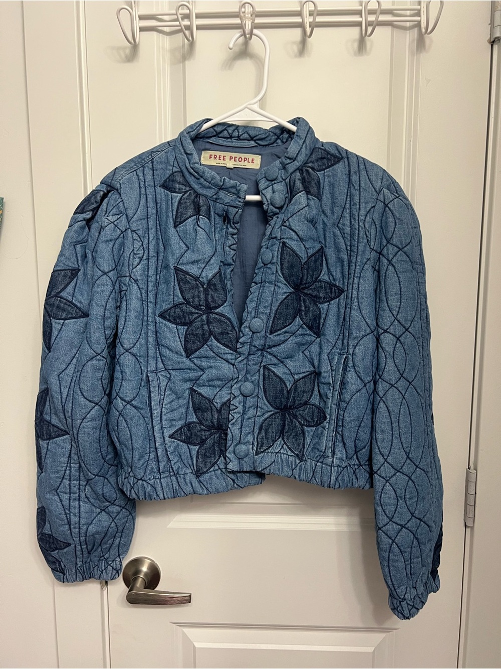 Free People Denim-Blue Quilted Crop Jacket NWT